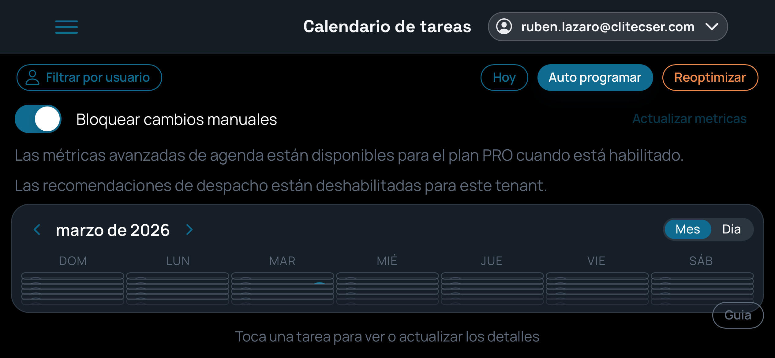 Calendario operativo de AiboTask para tareas y despacho