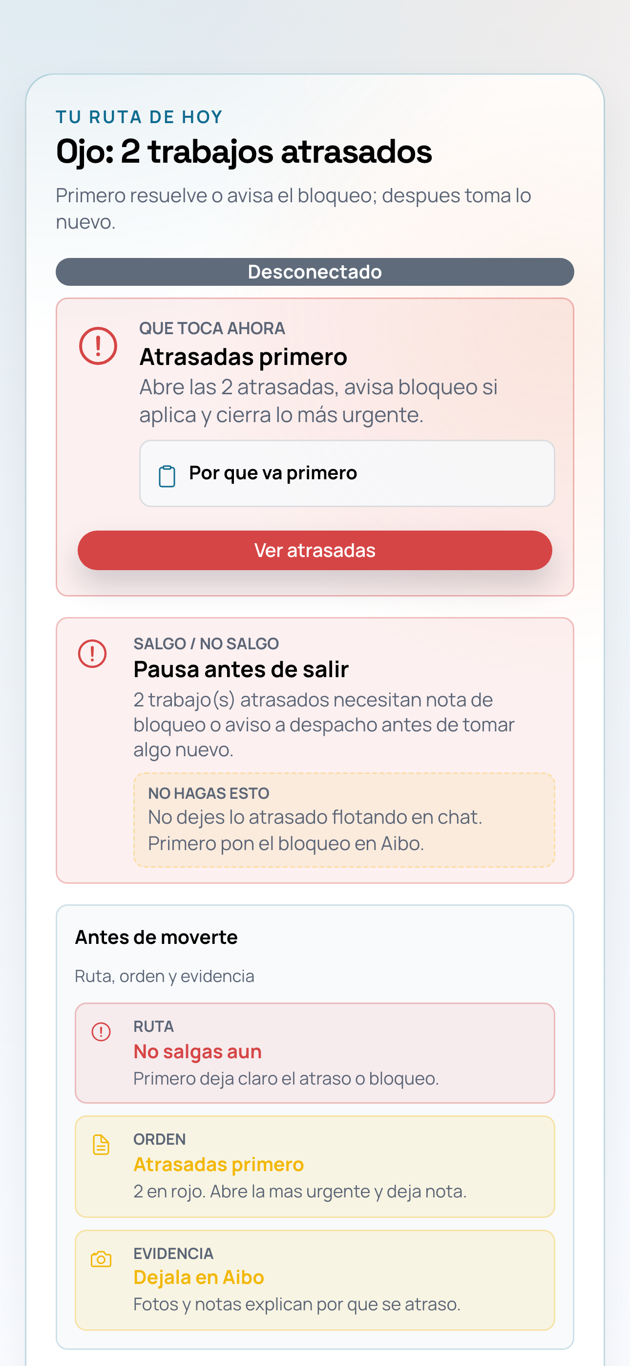 Pantalla móvil de ruta operativa en Aibo