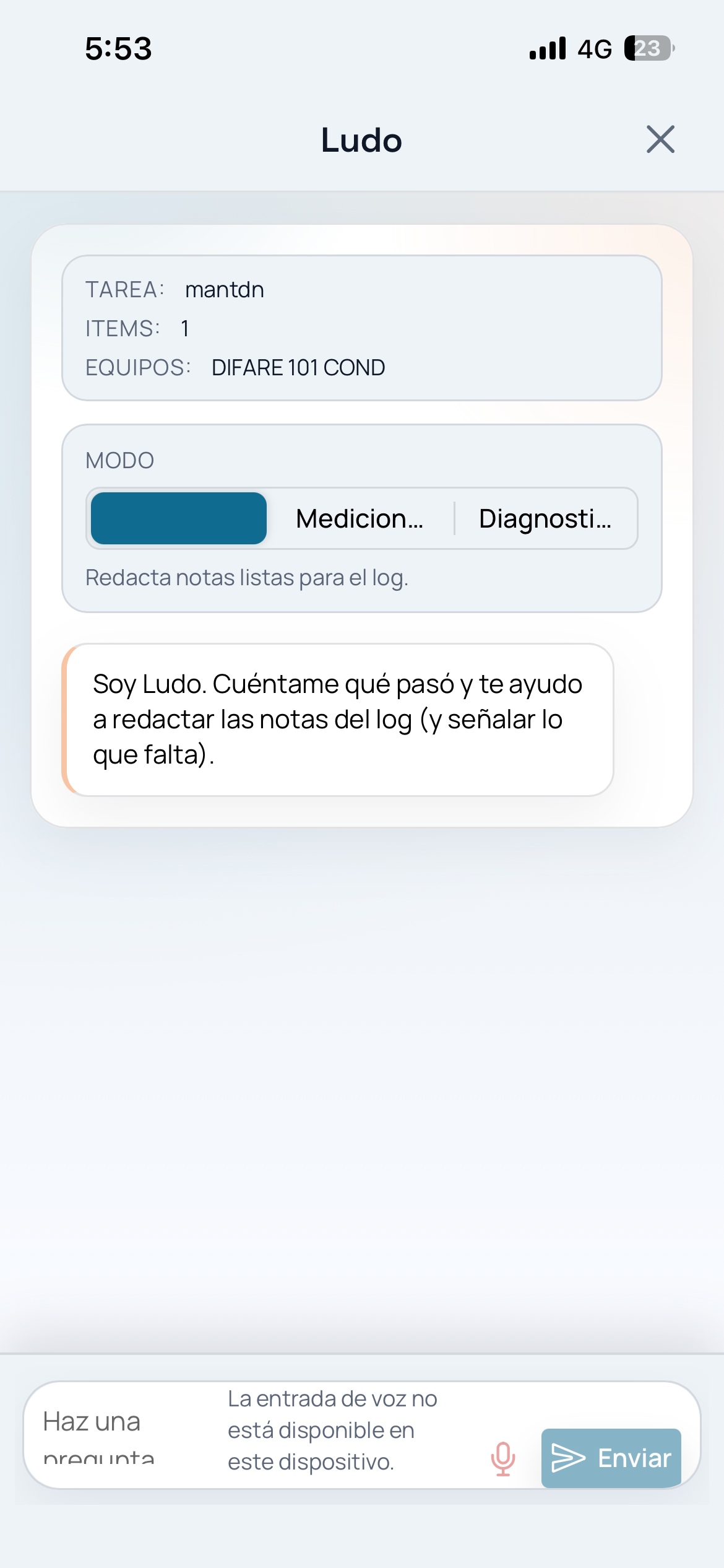 Modal de Ludo para asistencia de notas técnicas en AiboTask